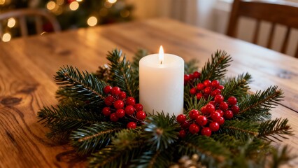 Natural Christmas Table Centerpiece with Pine & Candle