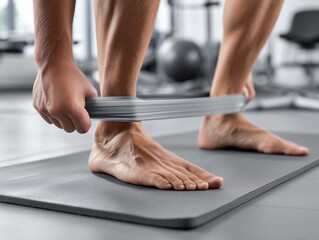 Close-up of a man's legs performing a stretching exercise with an expander band.