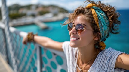 A cheerful young woman enjoys a sunny day near the ocean, wearing stylish sunglasses and a colorful headscarf, showcasing a relaxed and carefree coastal lifestyle.
