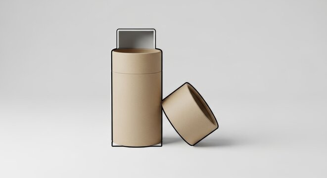 Open cylindrical cardboard tube container with a silver USB drive inside.