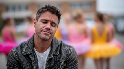 Obraz premium A contemplative man in a leather jacket sits in front of a group of ballerinas, highlighting the contrast of his thoughtful demeanor against their lively performance.