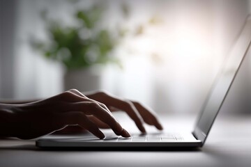 Young woman working at home, sitting at the table with laptop.
