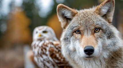 Fototapeta premium A close-up of a coyote with stunning eyes, alongside an owl, capturing the beauty of wildlife in a natural setting, radiating strength and tranquility in nature.