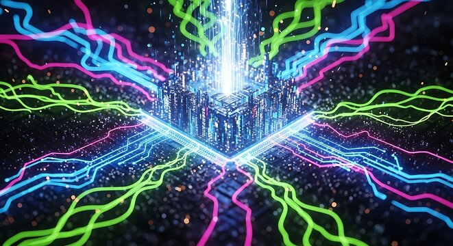 Digital Flow: A vibrant display of digital information streams, illustrating complex interconnectedness and data flow within a network.