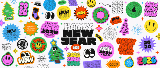Obraz na płótnie Canvas Cool Happy New Year Funky Stickers Collage. Groovy Patches Merry Chrismtas Pattern.