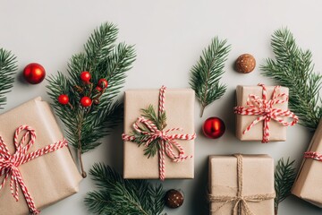 Top view of Christmas presents wrapped in kraft paper with red twine, surrounded by pine branches, ornaments, candy canes, and pinecones.