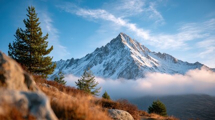 A stunning snow-capped mountain peaks into a clear blue sky, with patches of clouds and vibrant greenery framing the majestic landscape of nature's beauty.
