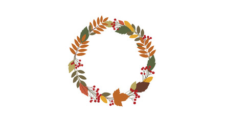 Beautiful autumn wreath made of colorful fall leaves and red berries isolated on a clean white background for seasonal decor.