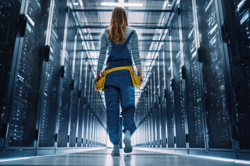 Female electrician walking confidently through modern server room repairing equipment with tools in hand surrounded by glowing technology and futuristic lighting