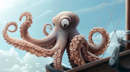 A cartoon illustration of an octopus on a boat, with a curious expression, set against a blue sky with clouds.