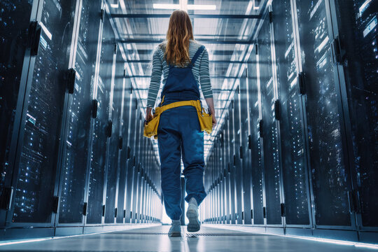 Female electrician walking confidently through modern server room repairing equipment with tools in hand surrounded by glowing technology and futuristic lighting