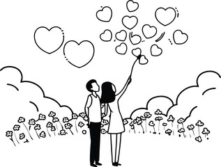 Business couple conversation concept drawing with heart balloons