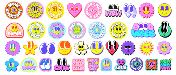 Set Of Retro Funky Stickers. Collection Of Groovy Funny Characters. Y2k Badges Pop Art Vector Design. Cool Trendy Labels.