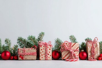 Top view of Christmas presents wrapped in kraft paper with red twine, surrounded by pine branches, ornaments, candy canes, and pinecones.