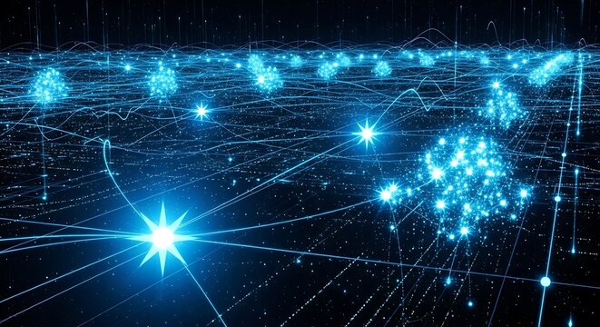 Digital Matrix: An abstract representation of a complex, interconnected digital matrix, with glowing nodes and lines forming a futuristic network that embodies data and technology.