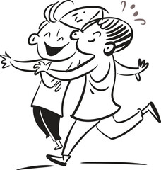 Funny cartoon illustration of a boy and a girl with a smile, where the girl holds a sword and a guitar, perfect for a children's coloring book sketch