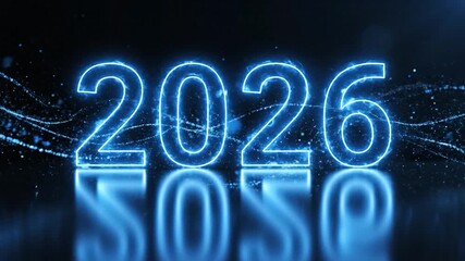 Glowing blue neon numbers "2026" are displayed above their reflective mirror image on a dark surface with abstract light trails. - Powered by Adobe