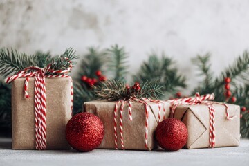 Top view of Christmas presents wrapped in kraft paper with red twine, surrounded by pine branches, ornaments, candy canes, and pinecones.