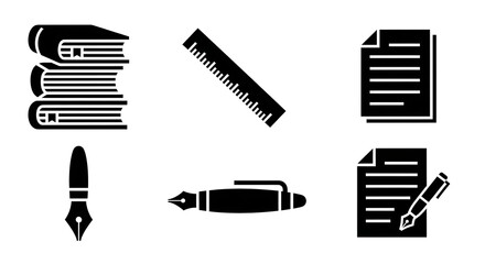Symbols of Academic Pursuits: A collection of educational icons, including stacked books, a ruler, documents and pens, and writing materials.