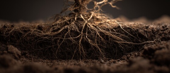 Detailed Close-Up of Tree Roots Emerging from Rich, Dark Soil Illustrating the Vital Life Force of Nature's Underground Systems