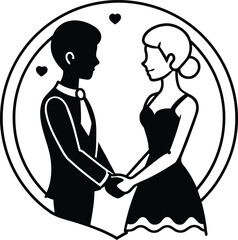 Black vector silhouette illustration of a couple: bride and groom dancing with love