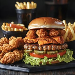 Photo of a fast food feast including burgers, fries, fried chicken, and fresh lettuce