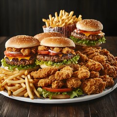 Photo of a fast food feast including burgers, fries, fried chicken, and fresh lettuce