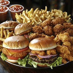 Photo of a fast food feast including burgers, fries, fried chicken, and fresh lettuce