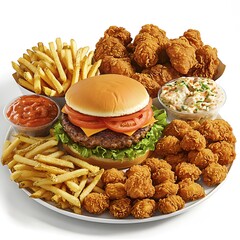 Photo of a fast food feast including burgers, fries, fried chicken, and fresh lettuce