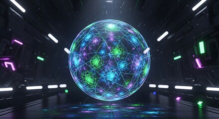 Sphere of Innovation: A vibrant, glowing sphere, pulsating with interconnected lines and points, floats in a futuristic, technology-driven environment.