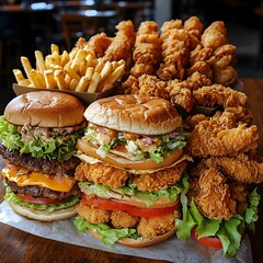 Photo of a fast food feast including burgers, fries, fried chicken, and fresh lettuce