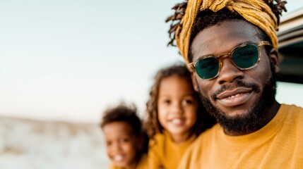 Obraz premium A joyful family with children smiles and poses for the camera, showcasing love and connection against the beautiful backdrop of a sunset at the beach.