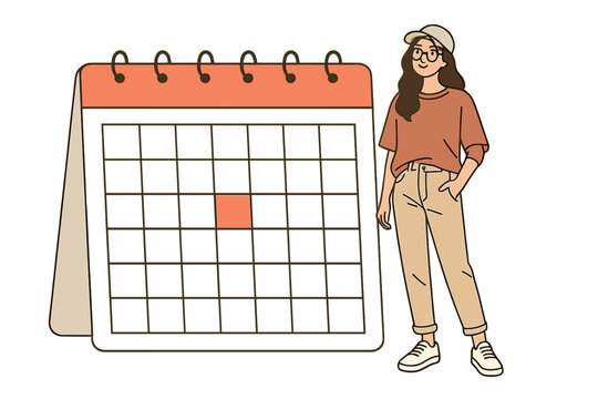 Stylish young woman standing next to a large desk calendar marking an important date