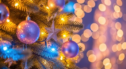 Closeup of a decorated christmas tree with glowing warm lights and purple ornaments against a bokeh background