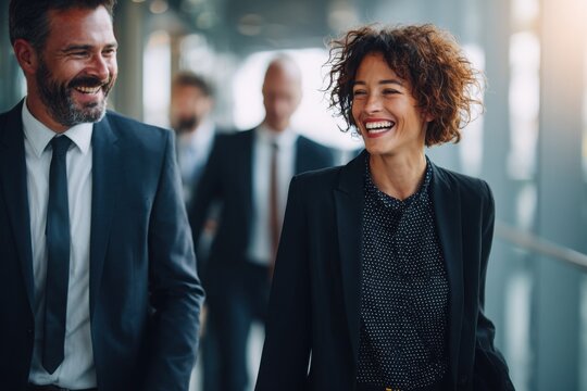 Confident business colleagues walking through a modern office corridor, smiling and enjoying a lighthearted conversation during work.