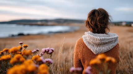 A woman sits peacefully on a hill, gazing out over a serene ocean landscape, embodying tranquility, contemplation, and a deep connection to nature's beauty.