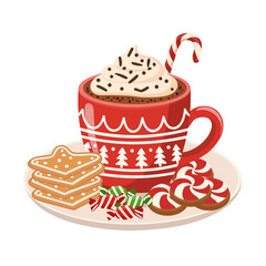 Red Christmas Hot Chocolate Mug with Candy Cane and Holiday Cookies
