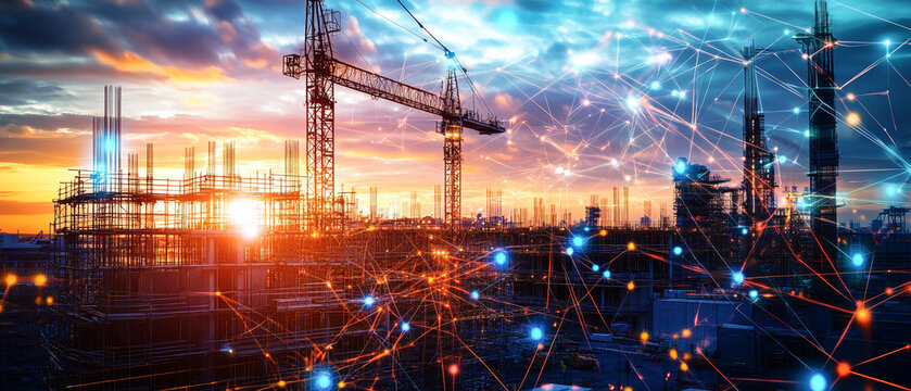 Cranes and scaffolding populate a high-tech construction site as vibrant network connections symbolize energy-efficient urban development at sunset