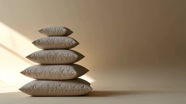 Pillow stack arrangement of soft cushions on bright surface view of multiple soft fluffy cushions neatly piled on pristine bright background