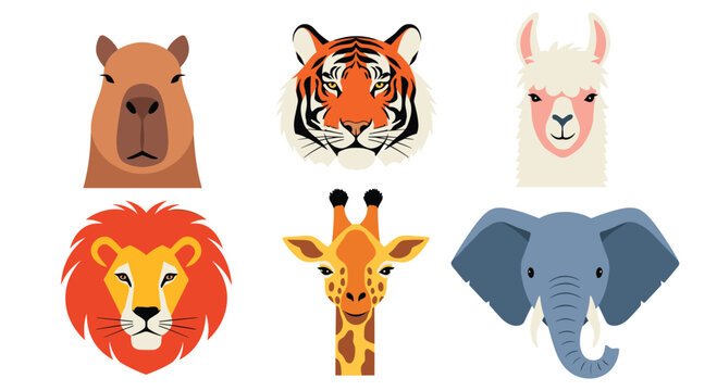 Set of flat and stylized animal head portraits including a capybara tiger llama lion giraffe and elephant on white.