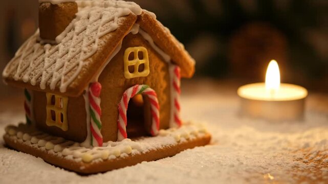 Festive gingerbread house with candle on a snowy surface indoors