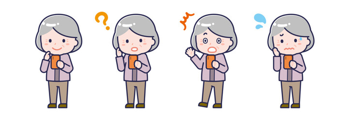 スマートフォンを使う「私服のシニア」の女性