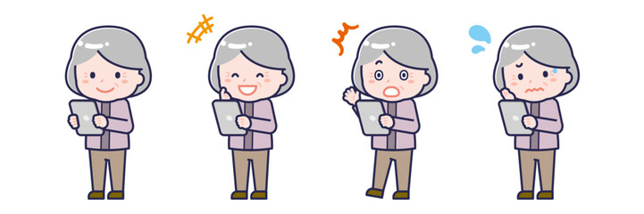 タブレットを使う「私服のシニア」の女性