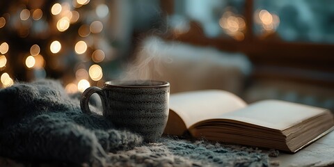 Steaming cup of coffee on cozy blanket with open book and warm bokeh lights in background, creating relaxing reading atmosphere.