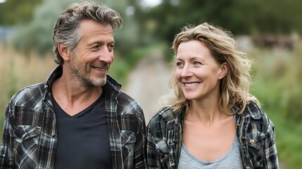 Fototapeta premium Mature Caucasian couple smiling at each other on rural path, wearing casual plaid shirts, surrounded by natural greenery in outdoor setting.