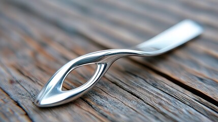 Shiny Metal Paperclip Twisted into an Abstract Shape Placed on a Weathered Wooden Surface with Soft Natural Lighting and Shallow Depth of Field