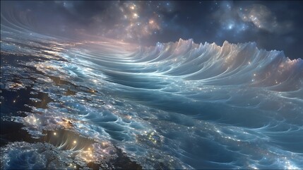 Endless ocean formed by recursive fractal waves, shimmering reflections, cosmic particles floating above, mysterious deep sea atmosphere, hyper-realistic fine art, 