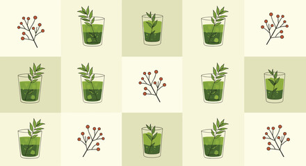 Aesthetic grid pattern with repeating illustrations of green matcha tea glasses and red berry sprigs for a calming background.