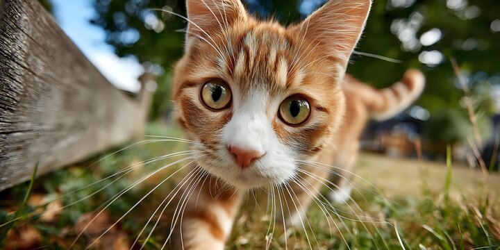 Curious orange tabby cat with white markings exploring outdoors, looking directly at camera with bright eyes against natural grass background. - Powered by Adobe