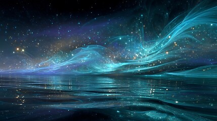 Endless ocean formed by recursive fractal waves, shimmering reflections, cosmic particles floating above, mysterious deep sea atmosphere, hyper-realistic fine art, 